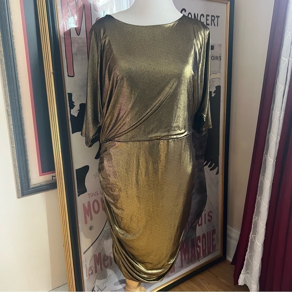 Ashley Stewart Metallic Gold Gathered Side Special Occasion Dress Sz 2X